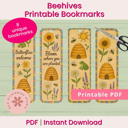 Bee & Beehive Printable Bookmarks, Floral Collage Sheet, Bumble Bee Bookmark Set, Spring Garden Bookmarks, Gift for Mom or Book Club