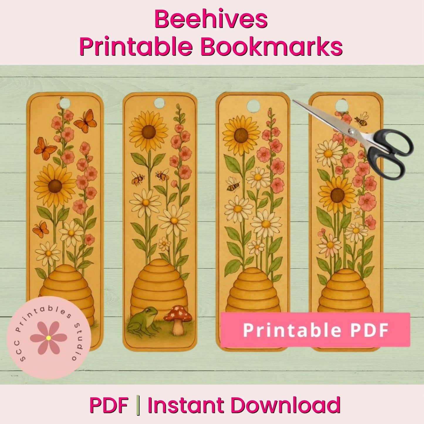 Bee & Beehive Printable Bookmarks, Floral Collage Sheet, Bumble Bee Bookmark Set, Spring Garden Bookmarks, Gift for Mom or Book Club