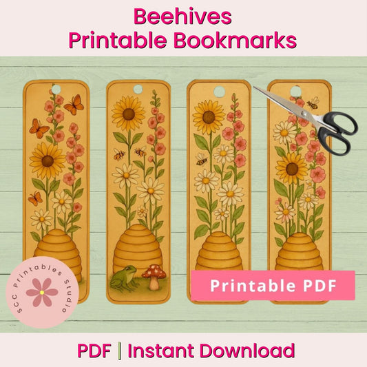 Bee & Beehive Printable Bookmarks, Floral Collage Sheet, Bumble Bee Bookmark Set, Spring Garden Bookmarks, Gift for Mom or Book Club