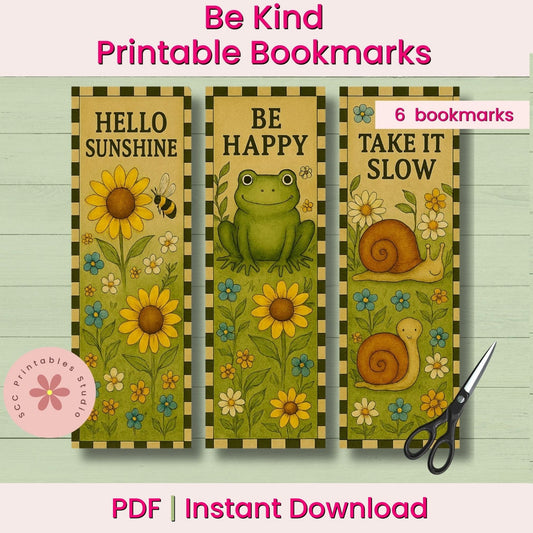 A digital listing graphic for printable bookmarks. The image shows three vertical bookmark designs with summer-themed illustrations: a sunflower with the text 'HELLO SUNSHINE,' a green frog with 'BE HAPPY,' and a snail with 'TAKE IT SLOW.