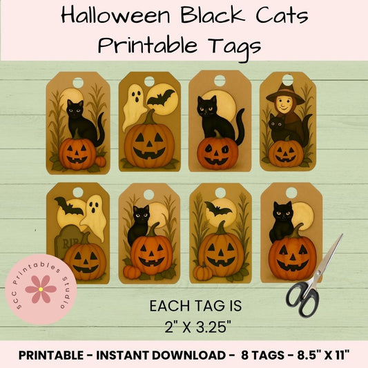 Halloween-themed printable tags with black cats, pumpkins, and ghosts on a wooden surface.