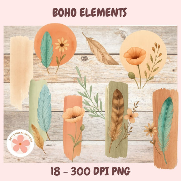Collection of boho elements including flowers, leaves, and feathers on a wooden background.