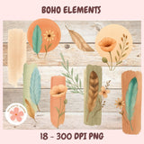 Collection of boho elements including flowers, leaves, and feathers on a wooden background.