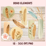 Collection of boho elements including leaves, flowers, and vases on a wooden background.