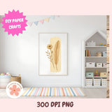 Room interior with a framed artwork on the wall and shelves below.