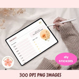 Person using a stylus on a digital planner with stickers, on a soft pink background.