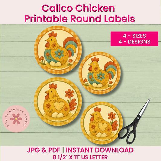 Calico Chicken PrintableRound Labels with scissors on a wooden background