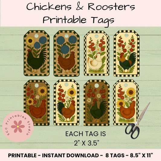 Set of chickens and roosters printable tags with dimensions and download information on a green background.
