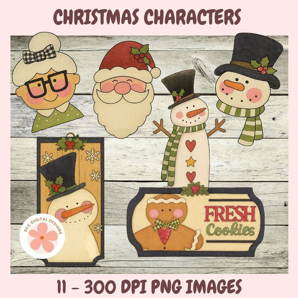 Set of Christmas-themed digital designs including Santa, snowman, and gingerbread man on a wooden background.
