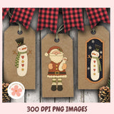 Three Christmas-themed tags with Santa Claus and snowmen on a wooden background with plaid ribbons.