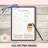 Daily planner on a tablet with a Santa Claus illustration, glasses, and a pen on a wooden surface.