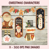 Collection of Christmas-themed digital designs including Santa Claus, snowmen, and gingerbread men on a wooden background.