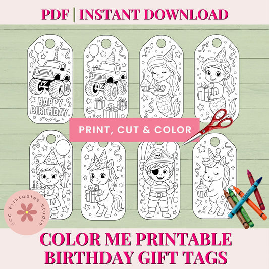 Colorable birthday gift tags with illustrations of a monster truck, mermaid, unicorn, and elf on a light green background.