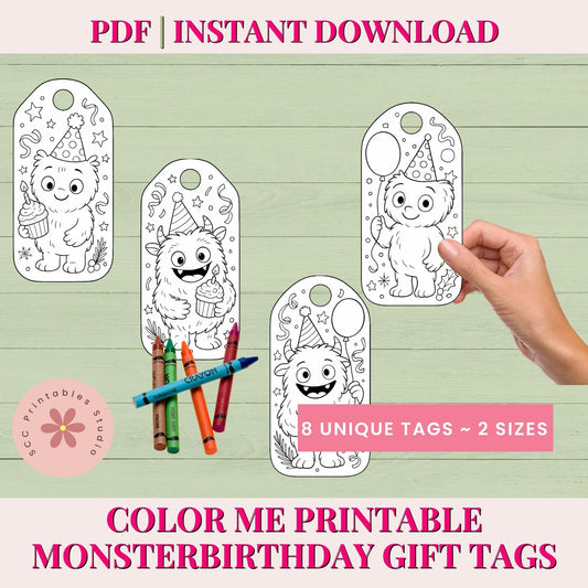Colorable monster birthday gift tags with coloring tools on a green background