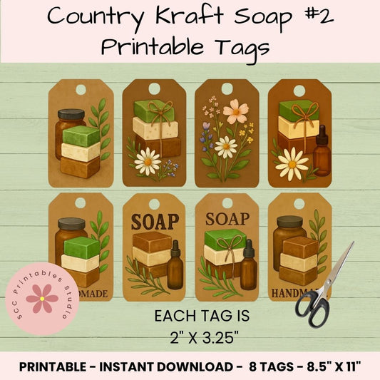 Set of Country Kraft Soap #2 printable tags with illustrations and text on a wooden background.
