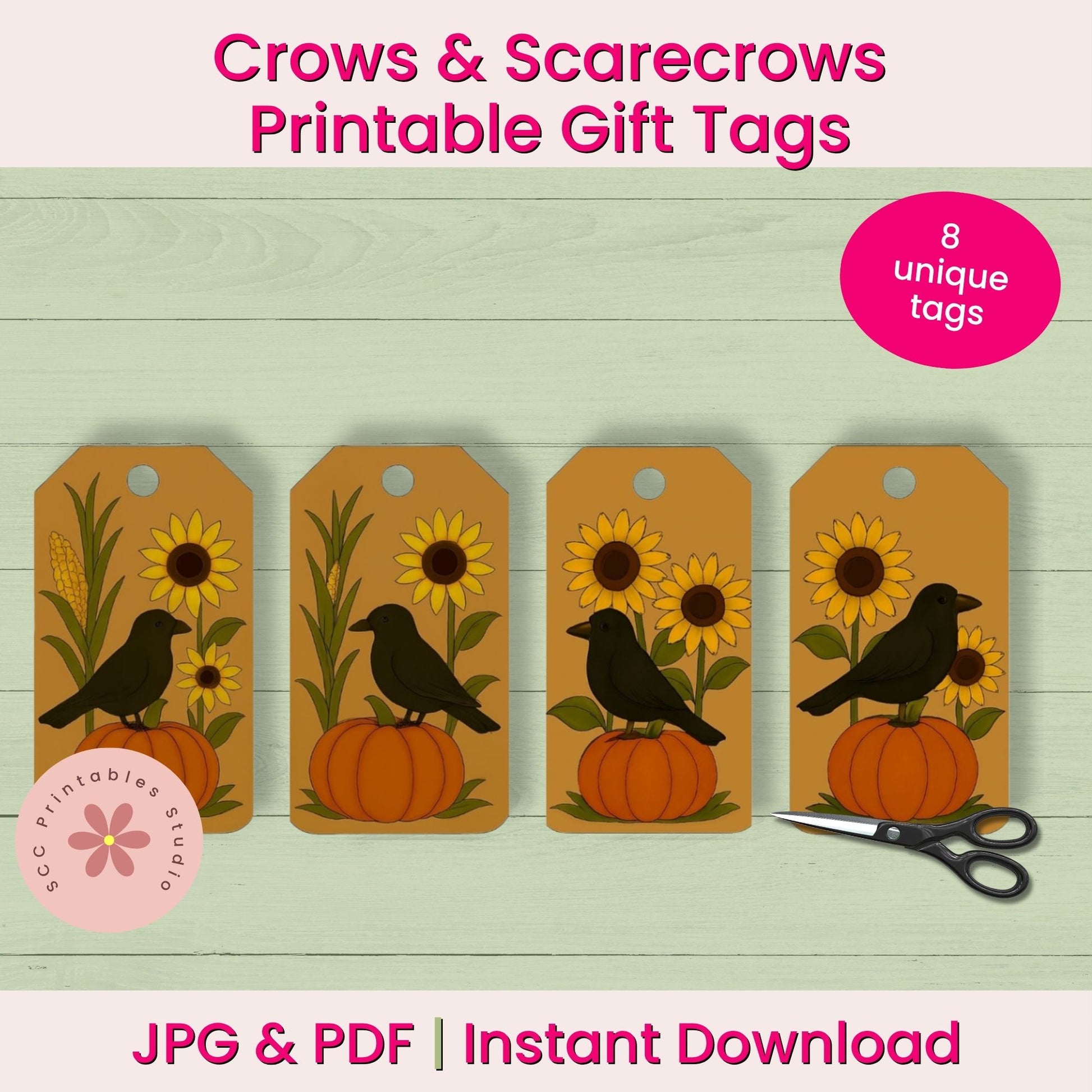 Four printable fall-themed gift tags with crows, sunflowers, and pumpkins on a light wood background, with text reading 'Crows & Scarecrows Printable Gift Tags,' '8 unique tags,' and 'JPG & PDF | Instant Download.'.