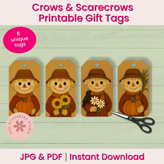A digital listing graphic for printable fall-themed gift tags. The design shows four tan gift tags with cartoon scarecrows wearing brown hats and holding pumpkins or flowers, on a pale wood background.