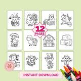 Set of 12 farm-themed coloring pages with crayons on a light green background