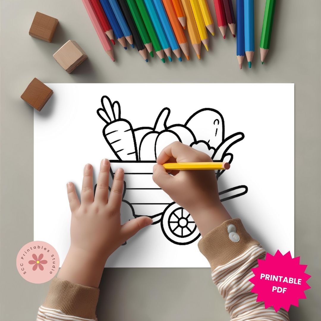 Coloring page with a cart of vegetables and crayons on a gray background