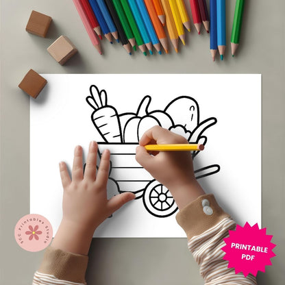 Coloring page with a cart of vegetables and crayons on a gray background