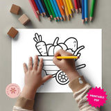 Coloring page with a cart of vegetables and crayons on a gray background