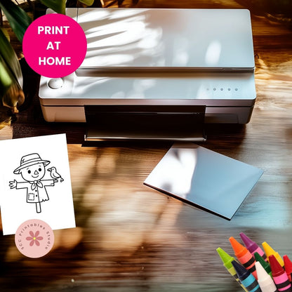 Printer on a wooden surface with a printed sheet and markers, featuring 'Print at Home' text.