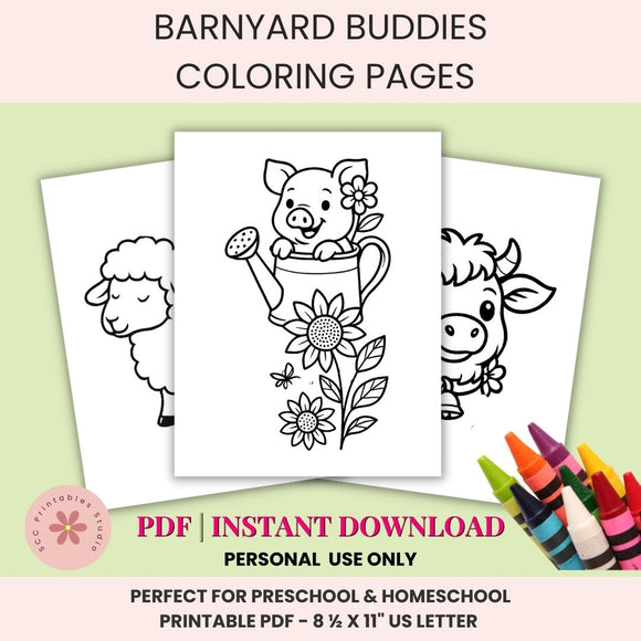 Coloring pages with farm animals and crayons on a light green background