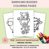 Coloring pages with farm animals and crayons on a light green background