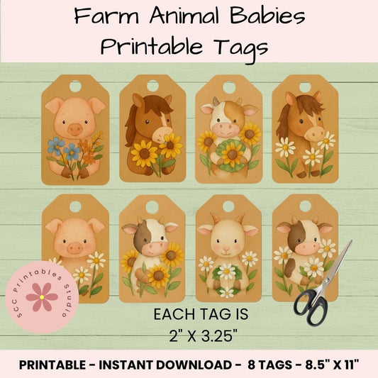 Set of farm animal baby printable tags with dimensions and a scissors icon on a wooden background.