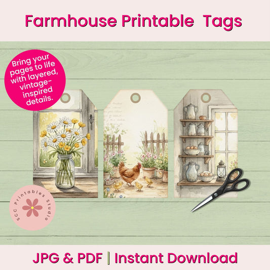 Vintage Farmhouse Gift Tags Printable, Horses Barns Chickens Collage Sheet, Rustic Junk Journal Tags, Farmhouse Scrapbook Ephemera
