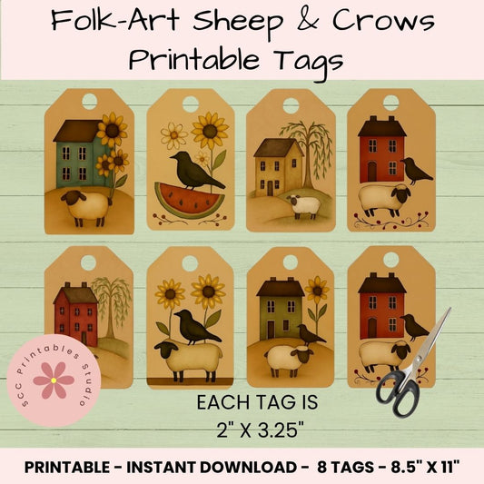 Folk-art sheep, crows, and house tags with a scissors icon on a wooden background.