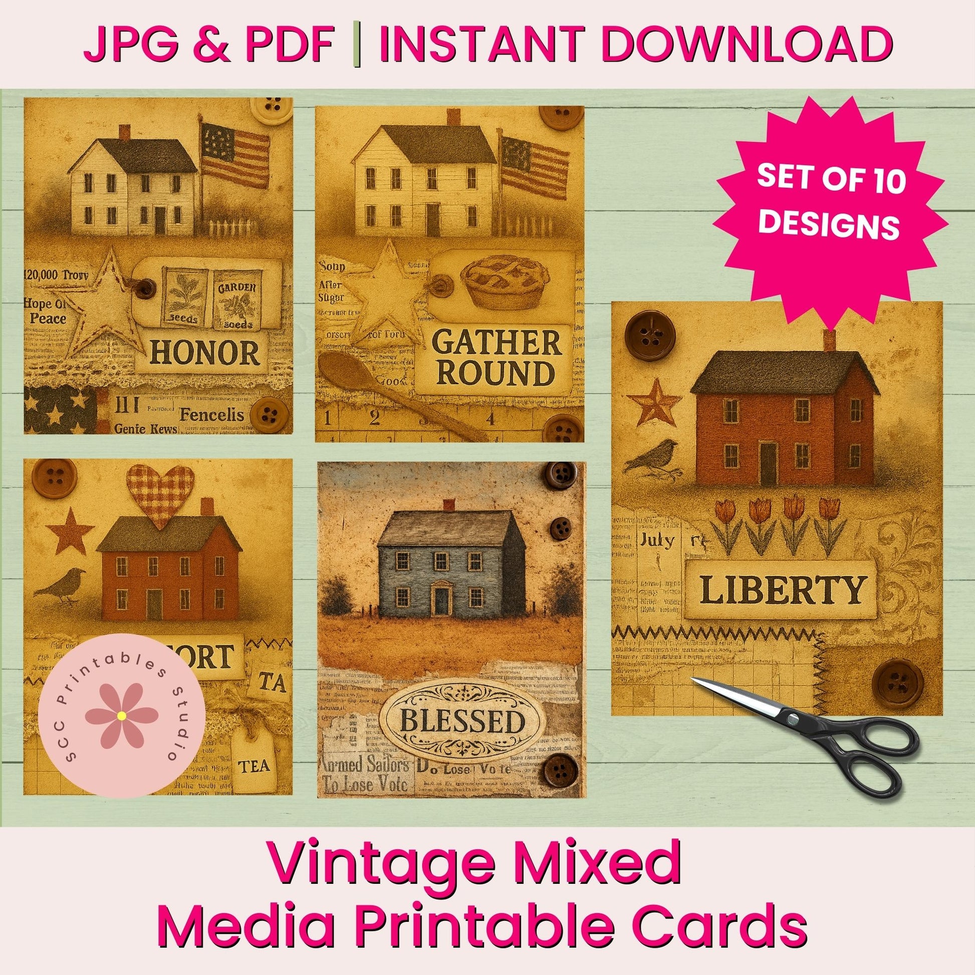 Set of vintage mixed media printable cards with houses and text on a wooden background, featuring a pair of scissors.