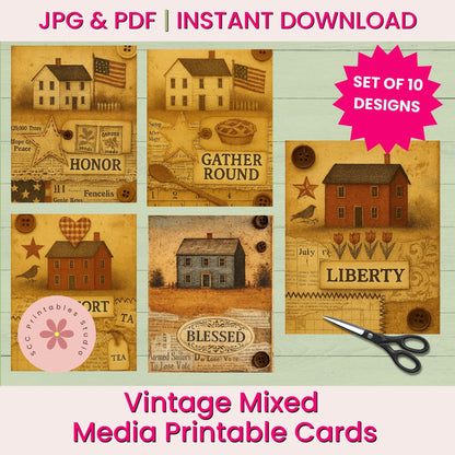 Set of vintage mixed media printable cards with houses and text on a wooden background, featuring a pair of scissors.