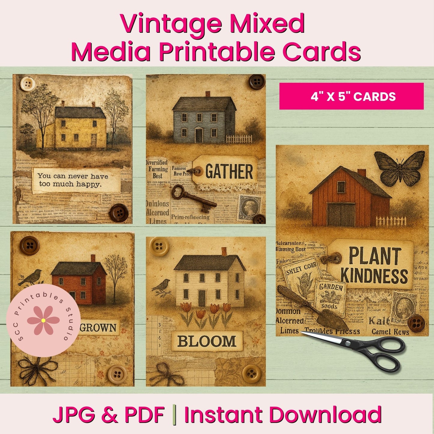 Vintage mixed media printable cards with rustic design elements on a light green background.