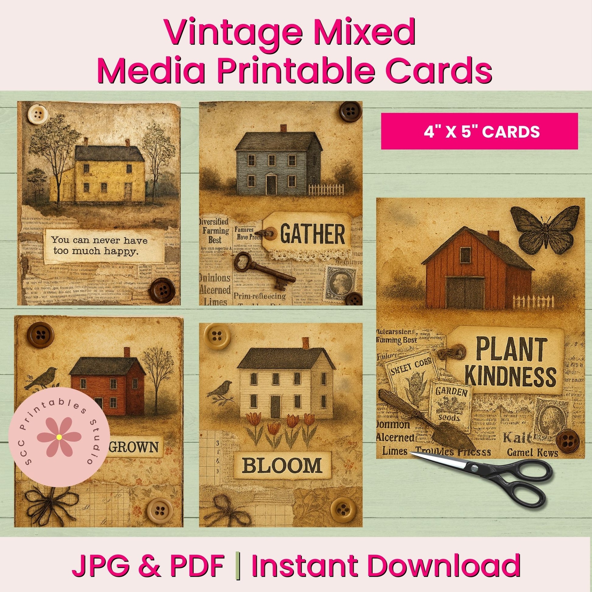 Vintage mixed media printable cards with rustic design elements on a light green background.
