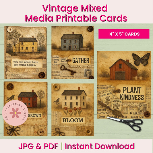 Vintage mixed media printable cards with rustic design elements on a light green background.
