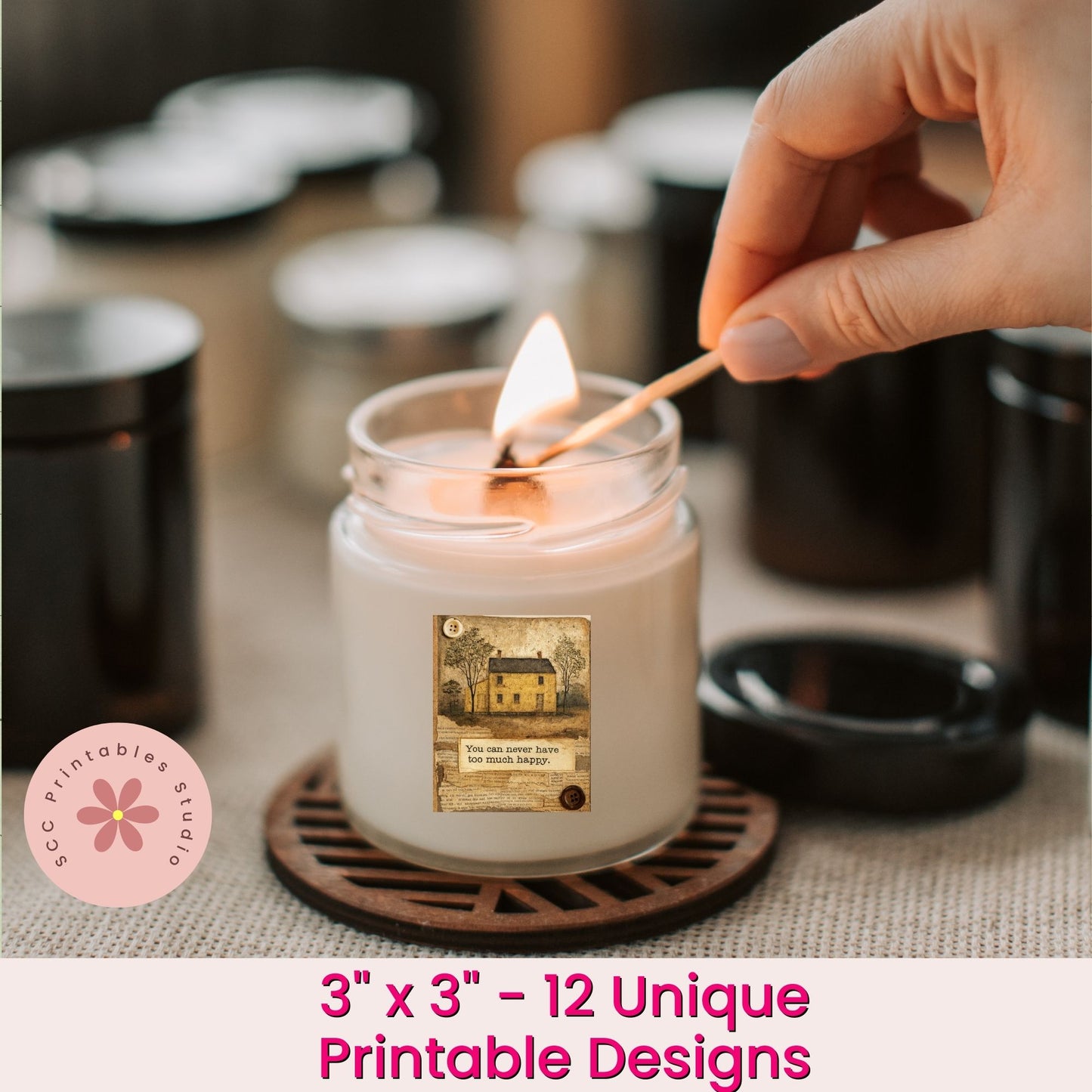 Hand lighting a candle with a match, surrounded by blurred items on a table.