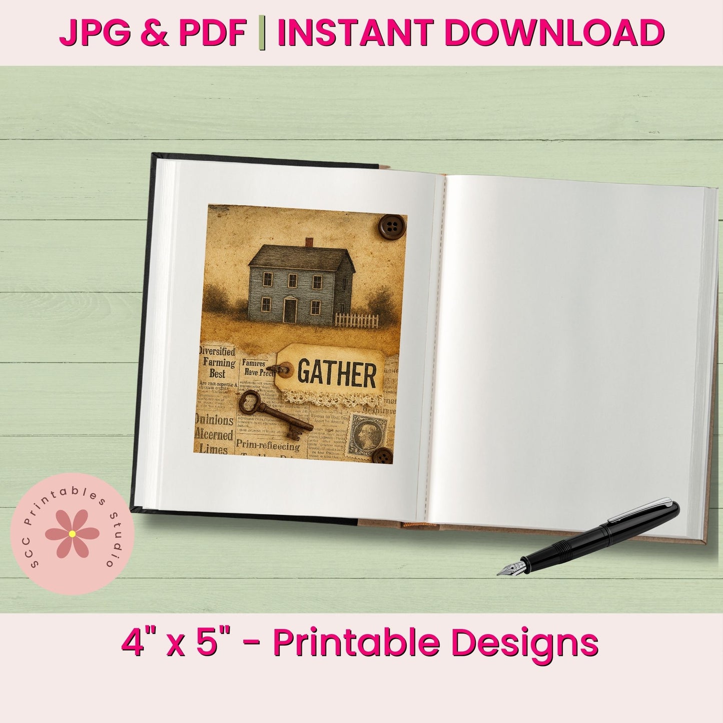 Open book with vintage-style illustration and text on a light green background, with a pen and 'JPG & PDF Instant Download' text.