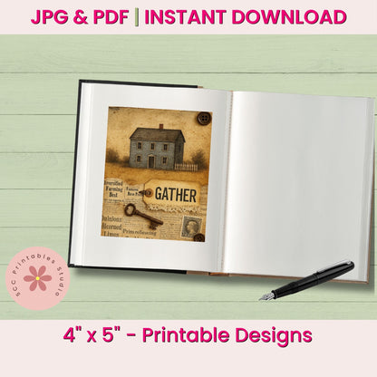 Open book with vintage-style illustration and text on a light green background, with a pen and 'JPG & PDF Instant Download' text.