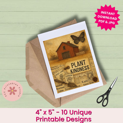 Printable card with 'Plant Kindness' message, envelope, and scissors on a light green background