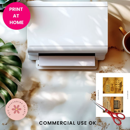 White printer on a marble surface with a cup of coffee, plant, and printed product with scissors.