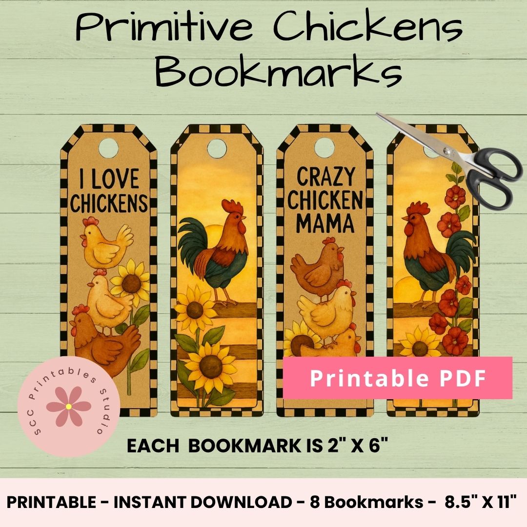 Primitive Chickens Bookmarks with roosters and chickens on a light green background