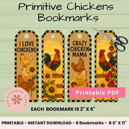 Primitive Chickens Bookmarks with roosters and chickens on a light green background