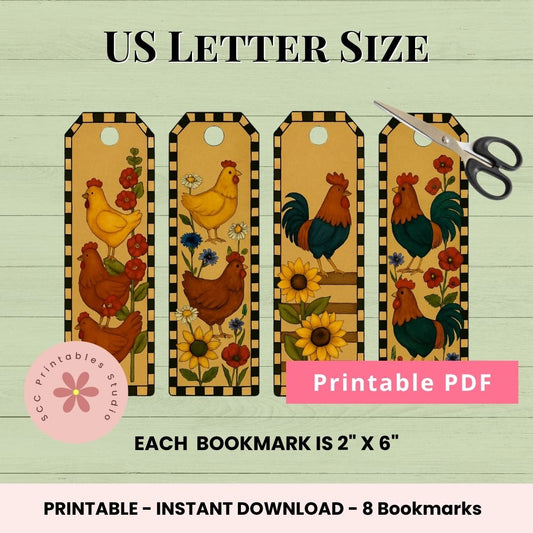 Set of rooster-themed bookmarks with a pair of scissors on a light green background, labeled as US Letter size printable PDF.