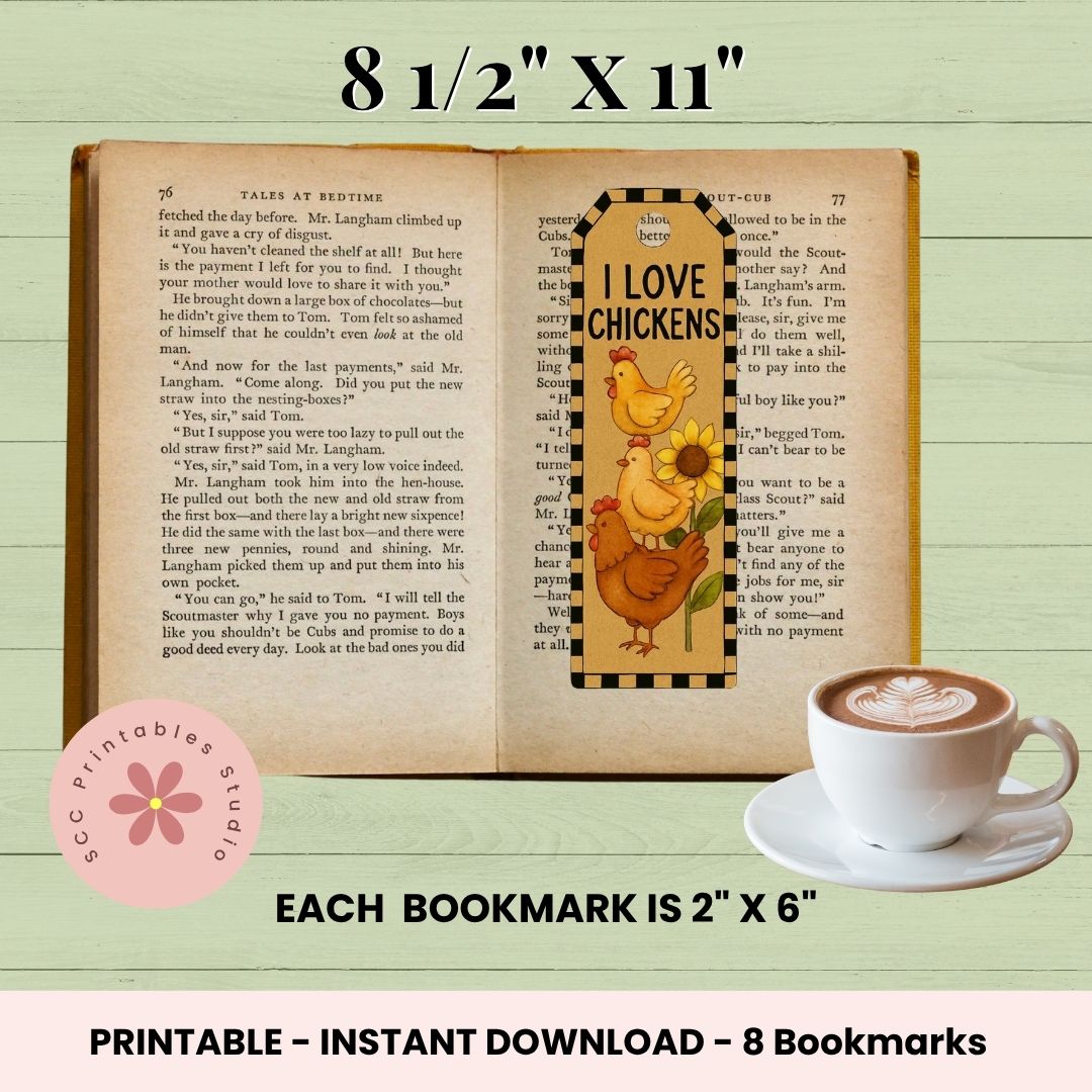 Book with a 'I Love Chickens' bookmark, cup of coffee, and text about dimensions and availability.