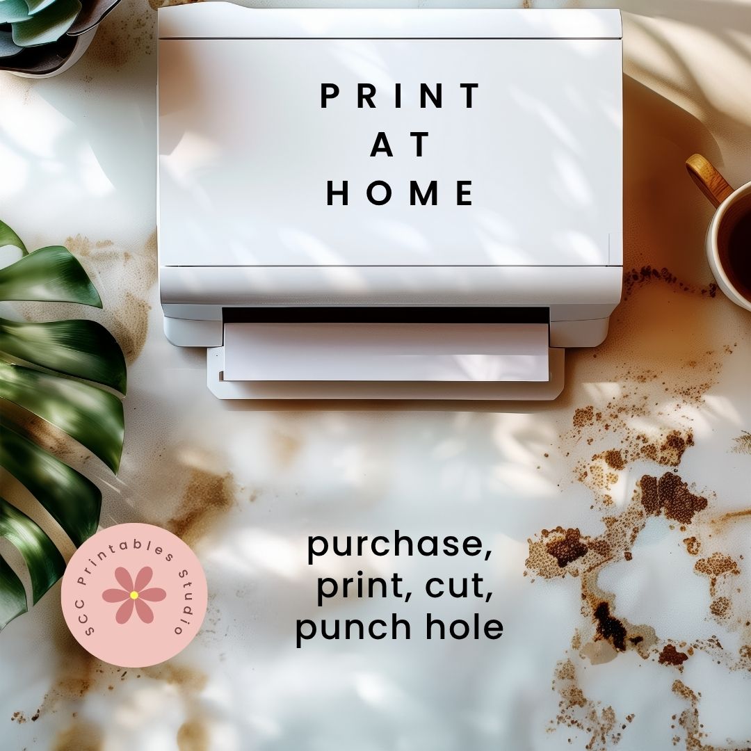 White printer on a marble surface with text 'Print at Home' and a brand logo.