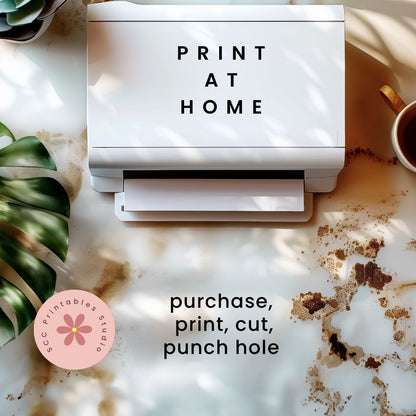 White printer on a marble surface with text 'Print at Home' and a brand logo.