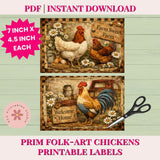 Two prim folk-art chickens with text on a green background, featuring a pair of scissors.