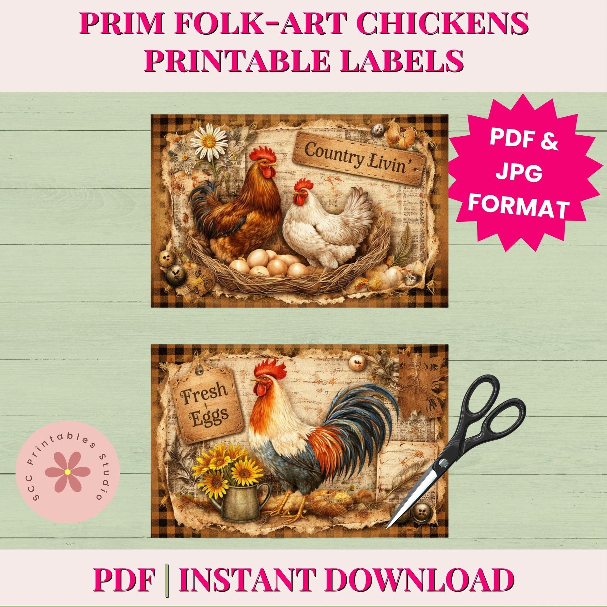 Two vintage-style chicken labels with a rooster and hen, scissors, and text on a light green background.