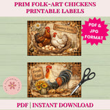 Two vintage-style chicken labels with a rooster and hen, scissors, and text on a light green background.